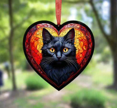 Black Cat Stained Glass Effect Heart Suncatcher